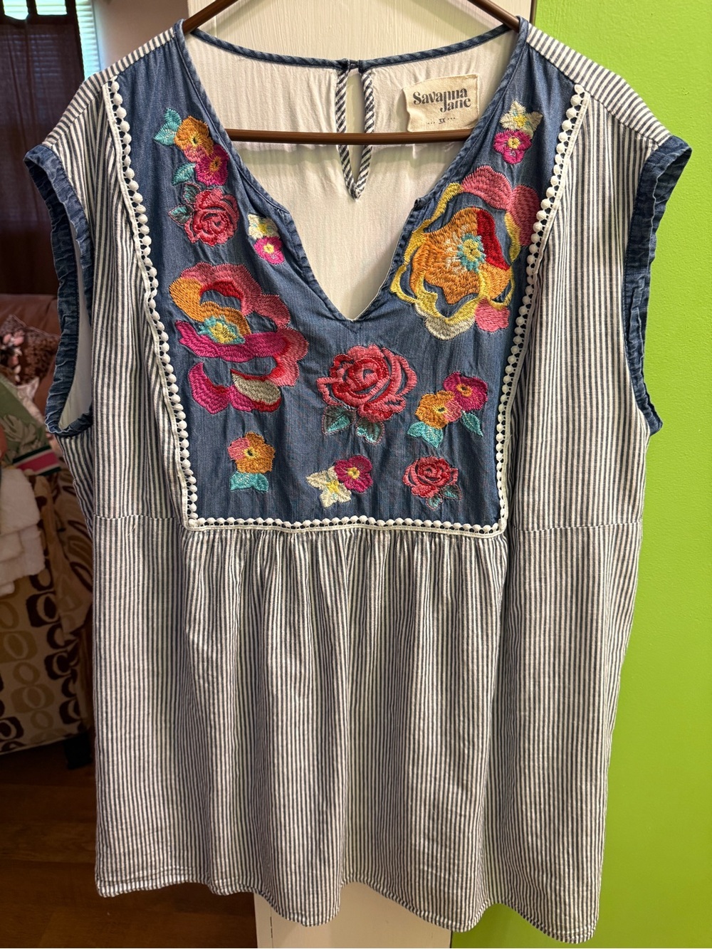 Savanna Jane Denim Blue Embroidered Floral Tank